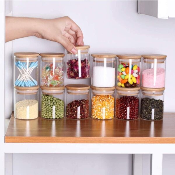 Kit 10 Potes Porta Mantimentos De Vidro Tampa De Bambu 200ML - Imagem 5